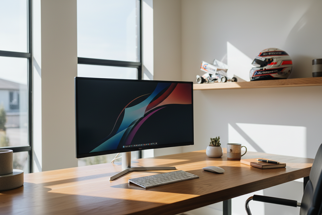 Bright wood desk workspace